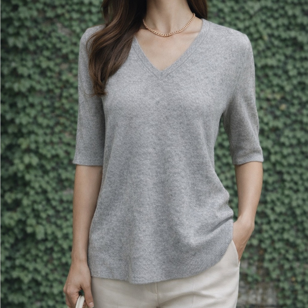 NWT KINROSS CASHMERE Minimalist Sterling Gray Elbow Length Sleeve Sweater, XS